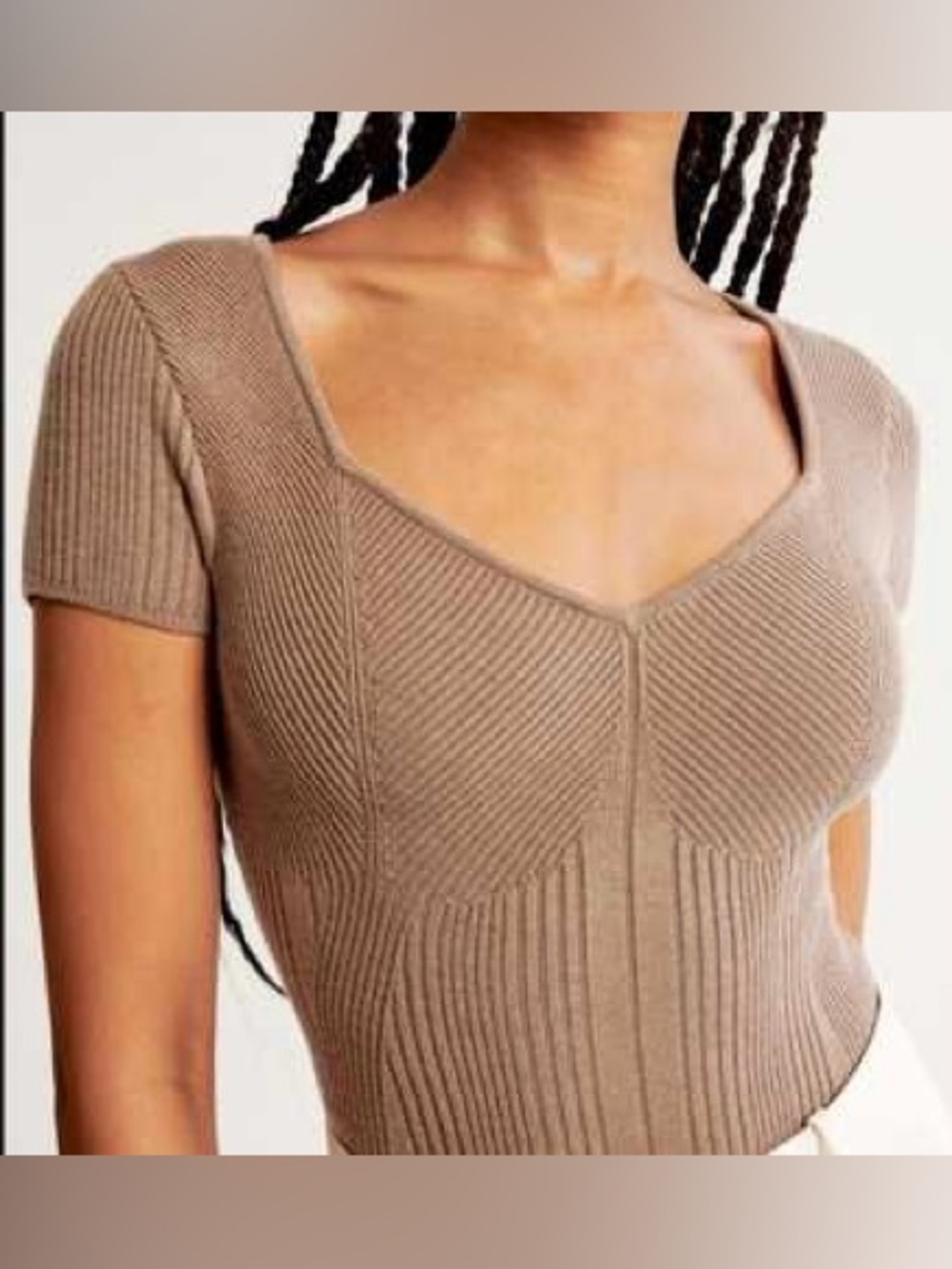 Abercrombie & Fitch Ribbed V-Neck Short Sleeve Top - Taupe